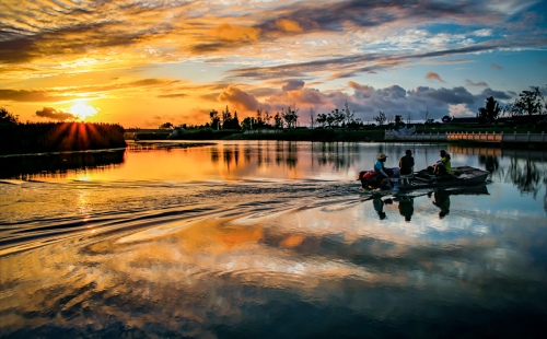 Golden sunglow on fishing boat