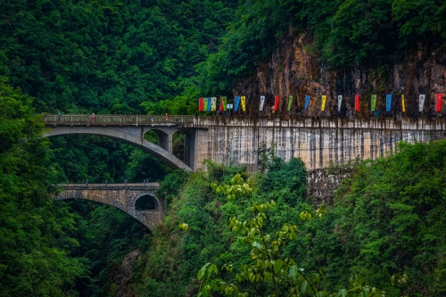 Colored flags in the mountains