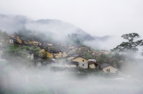 Mountain village clouds